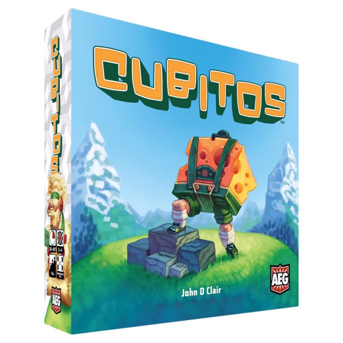 Cubitos - Cubitos board game box featuring a colorful pixel art style with a small character and a large robotic figure on a grassy.