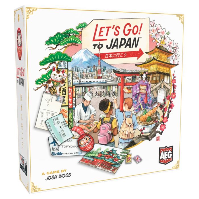 Let's Go! To Japan - Square board game box with colorful illustrations of Japanese landmarks, cherry blossoms, and travelers.