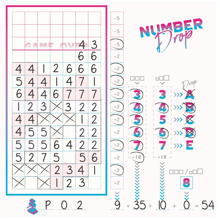 Number Drop - Number Drop game sheet with pink grid, black handwritten numbers, and score icons on white background.
