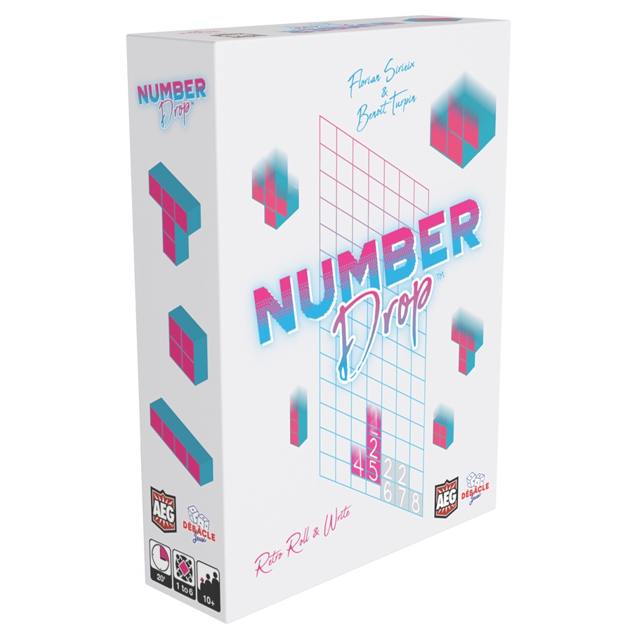 Number Drop - White rectangular box with 3D blue and pink geometric shapes and grid lines, featuring the title "Number Drop" in bold blue.
