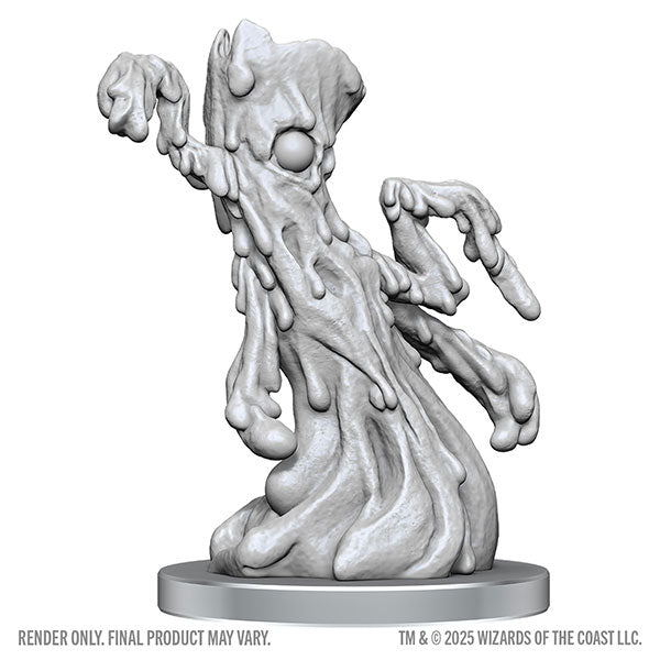 D&D Nolzur's Marvelous Miniatures: Drow Mage & Yochlol (PREORDER) - Unpainted gray resin miniature of a Yochlol with elongated, melting, drippy form and multiple clawed arms on round base.