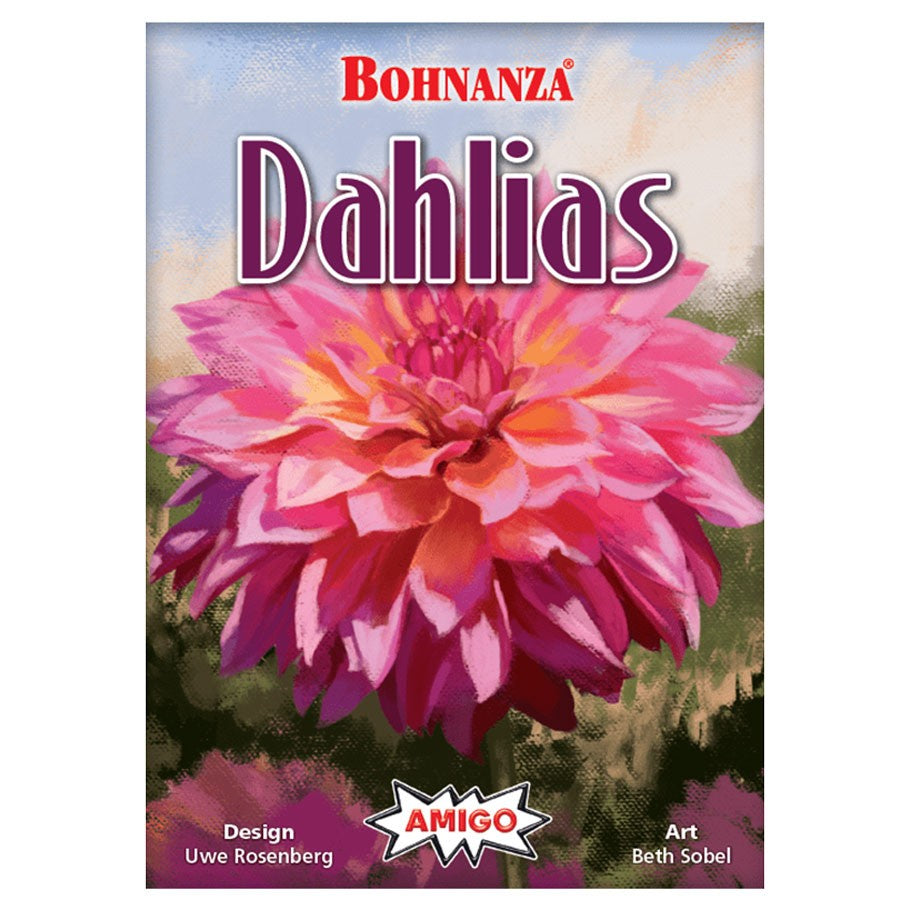 Bohnanza Dahlias - Bright pink dahlia flower illustration on a colorful Bohnanza card game box with red and purple text.