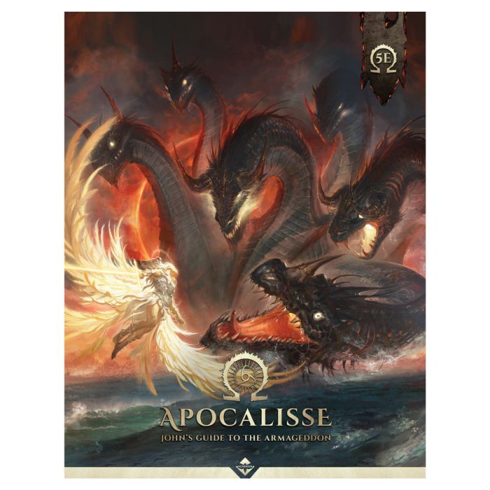 D&D 5E: Apocalisse: John's Guide to the Armageddon - Dark fantasy book cover depicting a fiery multi-headed dragon attacking a glowing angelic figure over turbulent waters, with