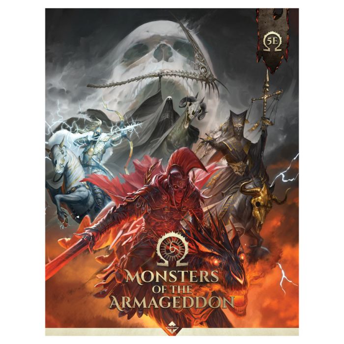 D&D 5E: Apocalisse: Monsters of the Armageddon - Dark fantasy RPG cover featuring a red-armored warrior wielding a glowing sword, surrounded by ghostly horses and skull.
