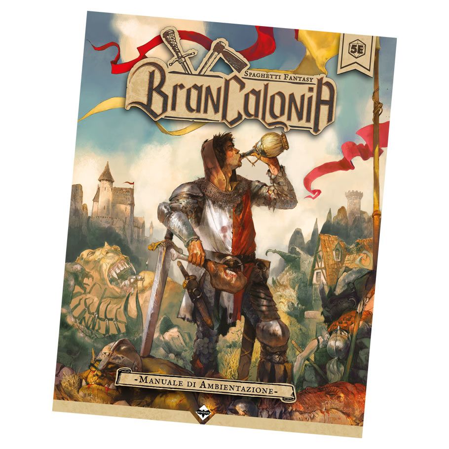 D&D 5E: Brancalonia: Setting Book - D&D 5E Brancalonia Setting Book with medieval knight drinking from a horn on illustrated cover.