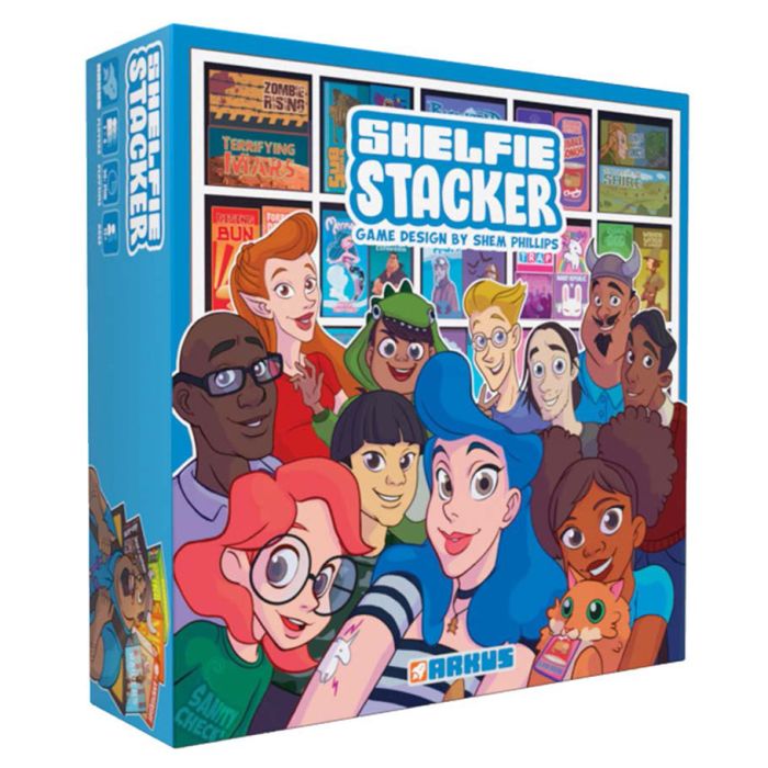Shelfie Stacker - Colorful board game box featuring diverse cartoon characters and bold "Shelfie Stacker" title on front panel.