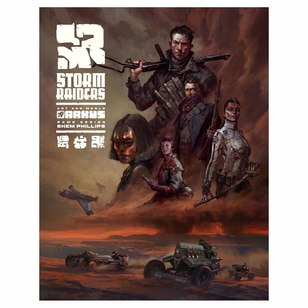Storm Raiders - Board game cover with four characters in military gear, a flying plane, and two armored vehicles amid a smoky battlefield.