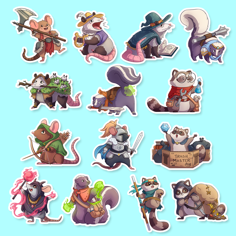 D&D Trash Animals Sticker Pack - Colorful cartoon animal stickers featuring fantasy-themed characters like a rat archer, cow mage, crow druid, skunk rogue,.