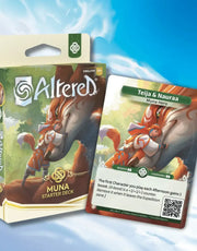 Altered Starter Deck: Muna - Altered Starter Deck Muna packaging with fantasy warrior artwork in armor holding a weapon, alongside a card featuring the.