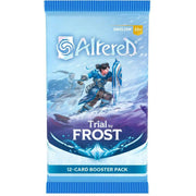 Altered: Trial by Frost Booster Pack - Blue and purple booster pack with warrior holding ice sword, labeled Altered Trial by Frost, 12-card set.
