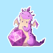 Amethyst Dragon D20 DnD Sticker - Purple cartoon dragon holding a large purple 20-sided die with a white outline sticker.