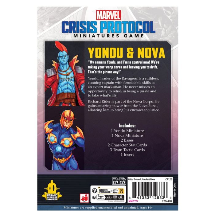 Marvel Crisis Protocol: Yondu & Nova - Marvel Crisis Protocol box featuring Yondu and Nova miniatures with colorful artwork and game details on the cover.