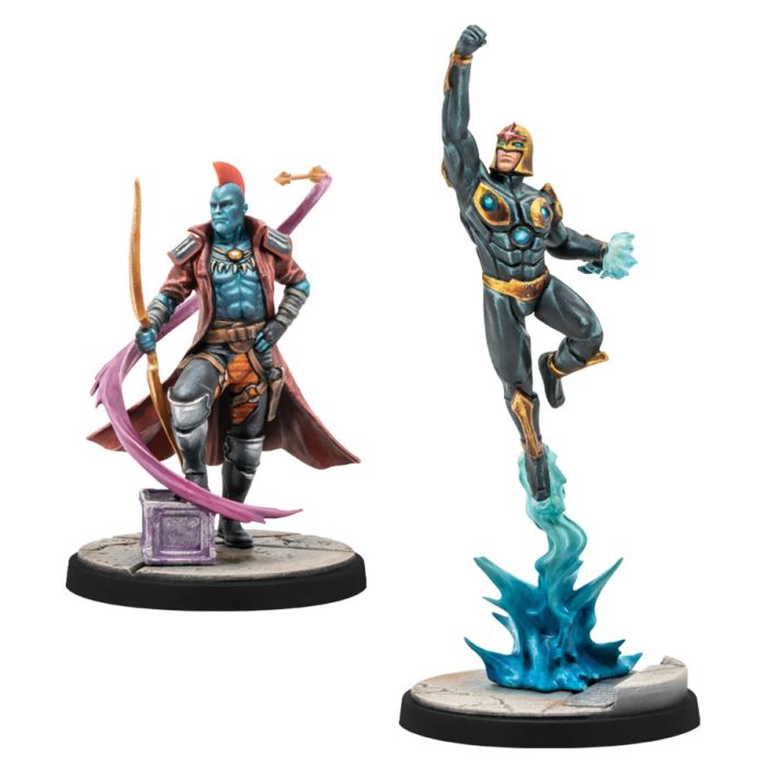 Marvel Crisis Protocol: Yondu & Nova - Two detailed Marvel Crisis Protocol miniatures featuring Yondu with blue skin, red fin, red cape, and bow, and Nova in black