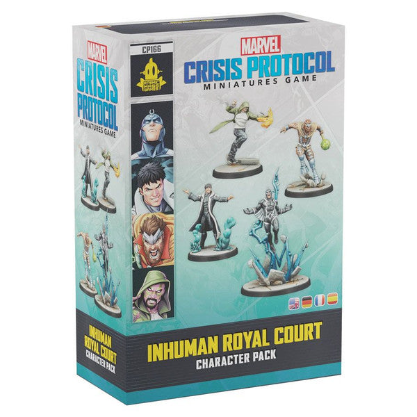 Marvel Crisis Protocol: Inhuman Royal Court - Marvel Crisis Protocol Inhuman Royal Court character pack box with miniature painted figures on light teal background.