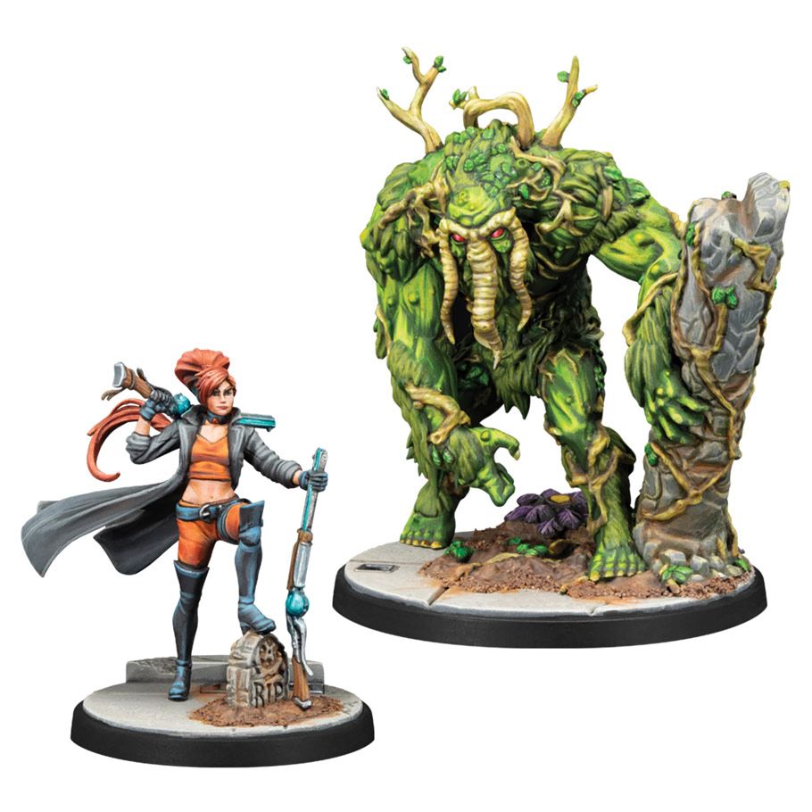 Marvel Crisis Protocol: Elsa Bloodstone & Man-Thing - Detailed painted miniatures of a red-haired heroine with a sword and a large green swamp creature with clawed hands and a.