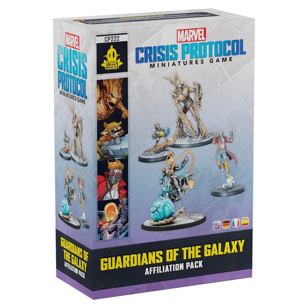 Marvel Crisis Protocol: Guardians of the Galaxy Affiliation Pack - Marvel Crisis Protocol box featuring painted Guardians of the Galaxy miniatures on round bases with a gray background and.
