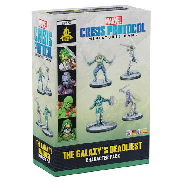 Marvel Crisis Protocol: The Galaxy’s Deadliest Character Pack - Marvel Crisis Protocol box with five detailed miniature figures of colorful, futuristic characters on black round bases and.