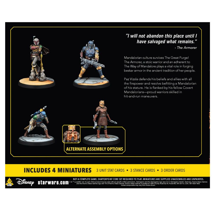 Star Wars: Shatterpoint: This Is The Way Squad Pack - Shatterpoint This Is The Way Squad Pack with four detailed Mandalorian miniatures and cards on black background.