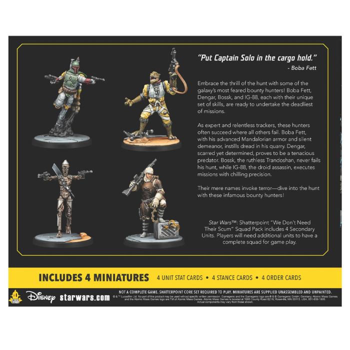 Star Wars: Shatterpoint: We Don’t Need Their Scum Unit Pack - Star Wars Shatterpoint miniature set with four detailed character figures on round bases, featuring combat gear and weapons,