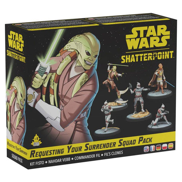 Star Wars: Shatterpoint: Requesting Your Surrender Squad Pack - Star Wars Shatterpoint squad pack box featuring five miniature character figures with varied poses and weapons on round.