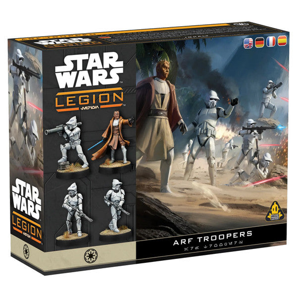 Star Wars Legion: ARF Troopers - Star Wars Legion ARF Troopers box featuring white-armored clone trooper miniatures with blasters and a brown-robed commander