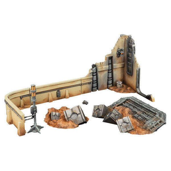 Star Wars Legion: Outer Rim Battles Terrain - Modular beige and brown sci-fi terrain pieces with ladders, pipes, and textured surfaces for tabletop gaming.
