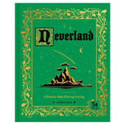 Neverland RPG - Green hardcover book with ornate gold border, black and gold mountain illustration, and the title Neverland RPG in gothic.