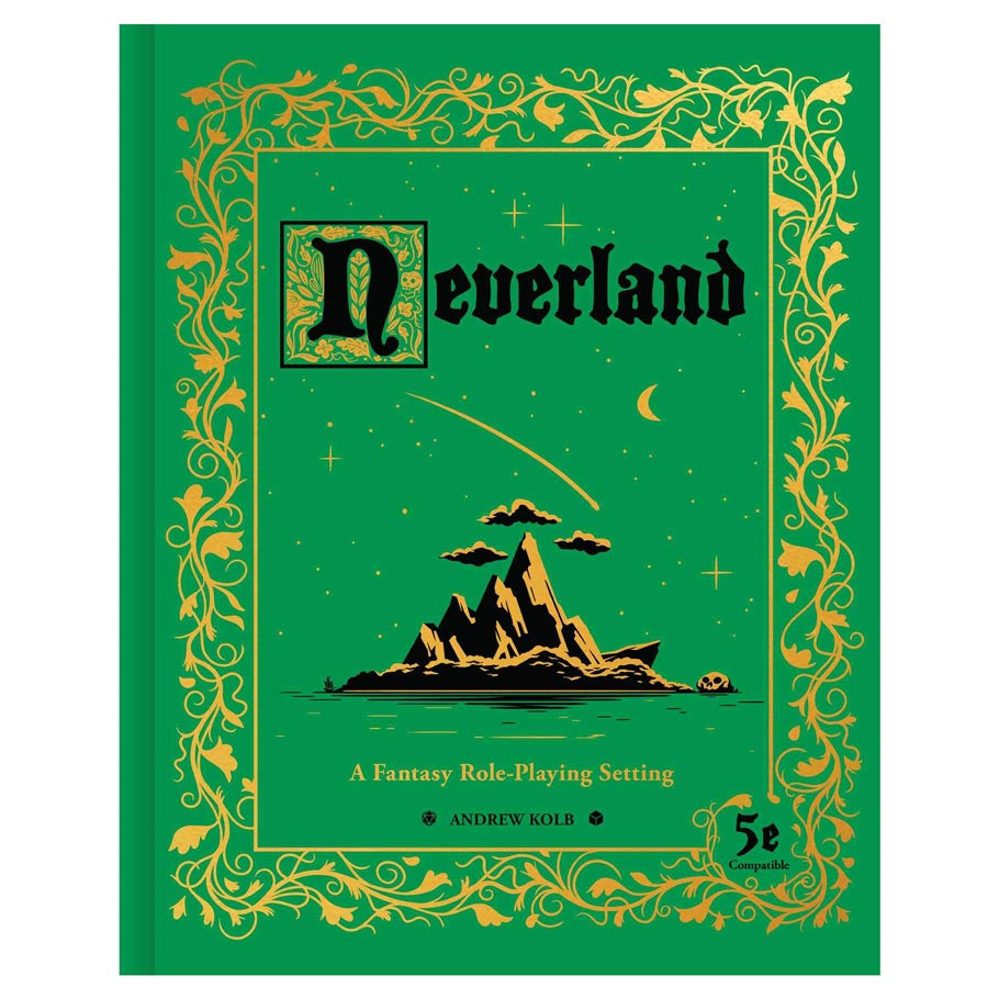 Neverland RPG - Green hardcover book with ornate gold border, black and gold mountain illustration, and the title Neverland RPG in gothic.
