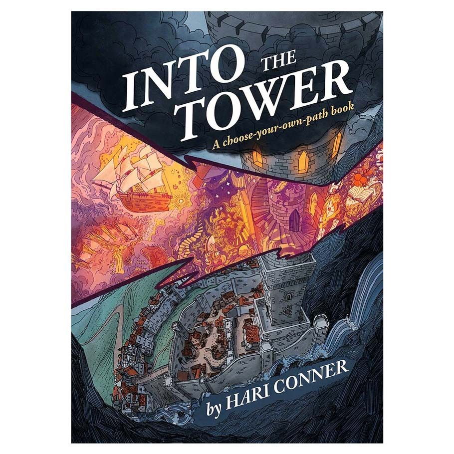 Into the Tower RPG - Dark fantasy book cover titled "Into the Tower" featuring a towering fortress surrounded by fiery and shadowy scenes,.