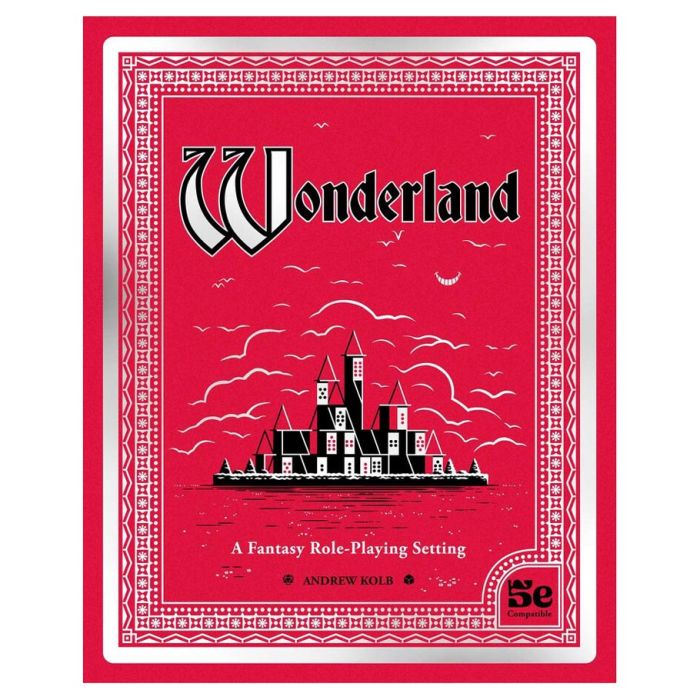 Wonderland RPG - Red book cover with black and white castle illustration, titled Wonderland RPG in gothic font.