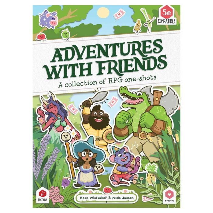 Adventures with Friends - Colorful RPG book cover titled "Adventures with Friends" featuring cartoon animal characters in fantasy costumes amid.