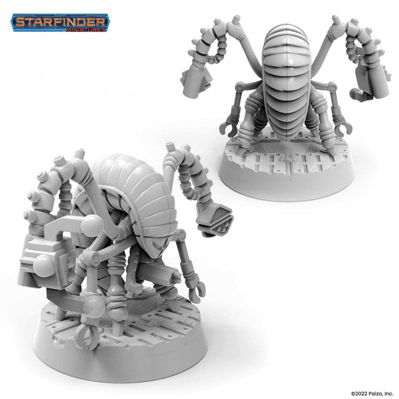 Starfinder: Anacite Laborer - Gray plastic miniature of a robotic laborer with segmented armor and multiple articulated arms on a textured round base.