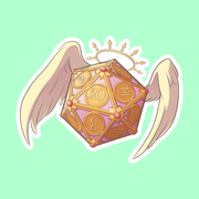 Angel D20 DnD Sticker - Purple and gold 20-sided die with angel wings and a halo on a mint green background.