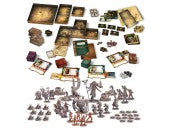 Arkeis - Cooperative board game setup with cards, tokens, cardboard buildings, and multiple detailed miniature figures in gray and.