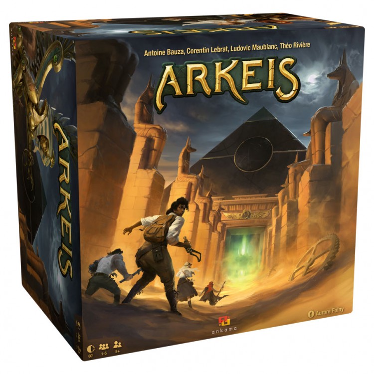 Arkeis - Board game box for Arkeis featuring explorers in a glowing ancient temple entrance surrounded by stone ruins.