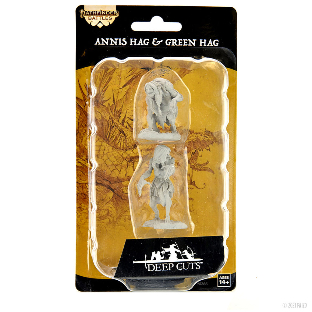 Pathfinder Battles Deep Cuts: Annis Hag & Green Hag - Pair of detailed gray plastic miniatures depicting Annis Hag and Green Hag creatures in dynamic poses, packaged on a yellow.