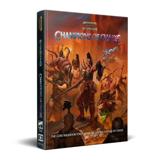 Warhammer Age of Sigmar: Soulbound Champions of Chaos RPG - Core Rulebook (PREORDER) - Hardcover RPG book with fiery orange cover featuring detailed fantasy warriors in battle, titled Champions of Chaos.