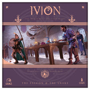 IVION: The Falcon and The Snake - Board game box with fantasy artwork showing a falcon and a snake, featuring two characters in medieval attire across a.