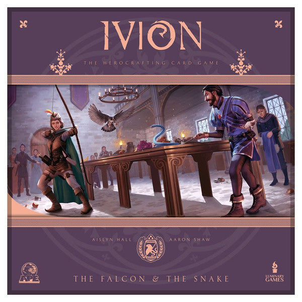 IVION: The Falcon and The Snake - Board game box with fantasy artwork showing a falcon and a snake, featuring two characters in medieval attire across a.