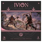 IVION: The Noose and The Goose - Dark fantasy-themed card game box with two armed characters facing off on a wooden platform under a dusky sky.