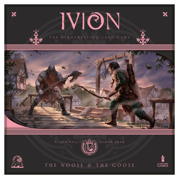 IVION: The Noose and The Goose - Dark fantasy-themed card game box with two armed characters facing off on a wooden platform under a dusky sky.