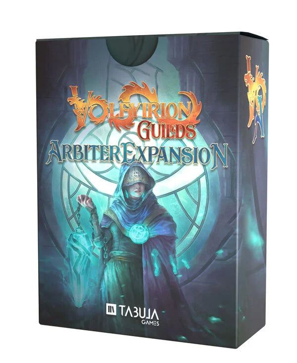 Volfyirion Guilds: Arbiter Expansion - Dark fantasy-themed card game box featuring a hooded arbiter character with glowing blue accents and mystical symbols on a.