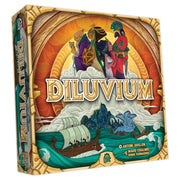 Diluvium - Square board game box with vibrant artwork showing a Viking ship sailing toward a stormy mountain under an orange sky,.