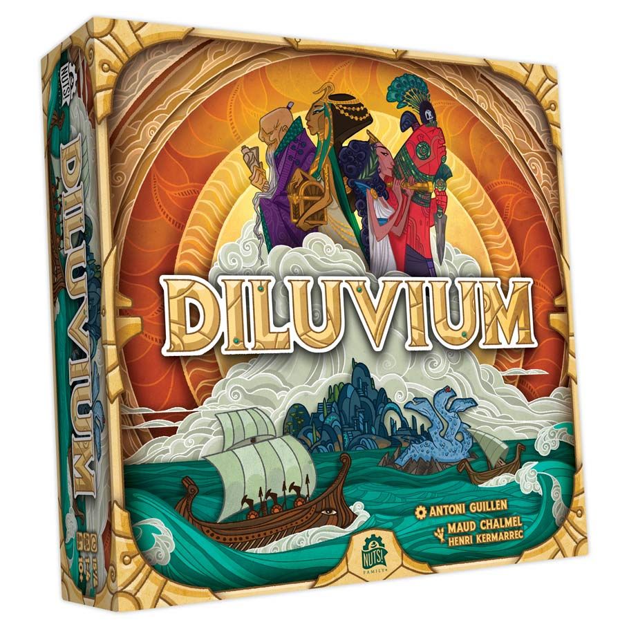 Diluvium - Square board game box with vibrant artwork showing a Viking ship sailing toward a stormy mountain under an orange sky,.