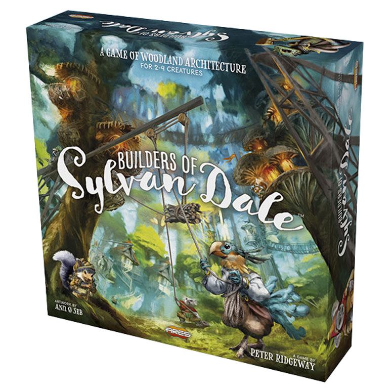 Builders of Sylvan Dale - Board game box with fantasy woodland art, featuring a bird warrior holding a spear in a lush forest scene.