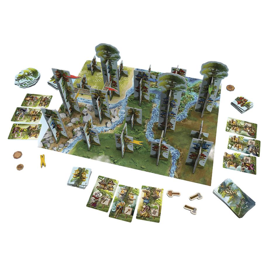 Builders of Sylvan Dale - Detailed three-dimensional board game setup with interconnected cardboard structures, illustrated terrain, colorful cards,.