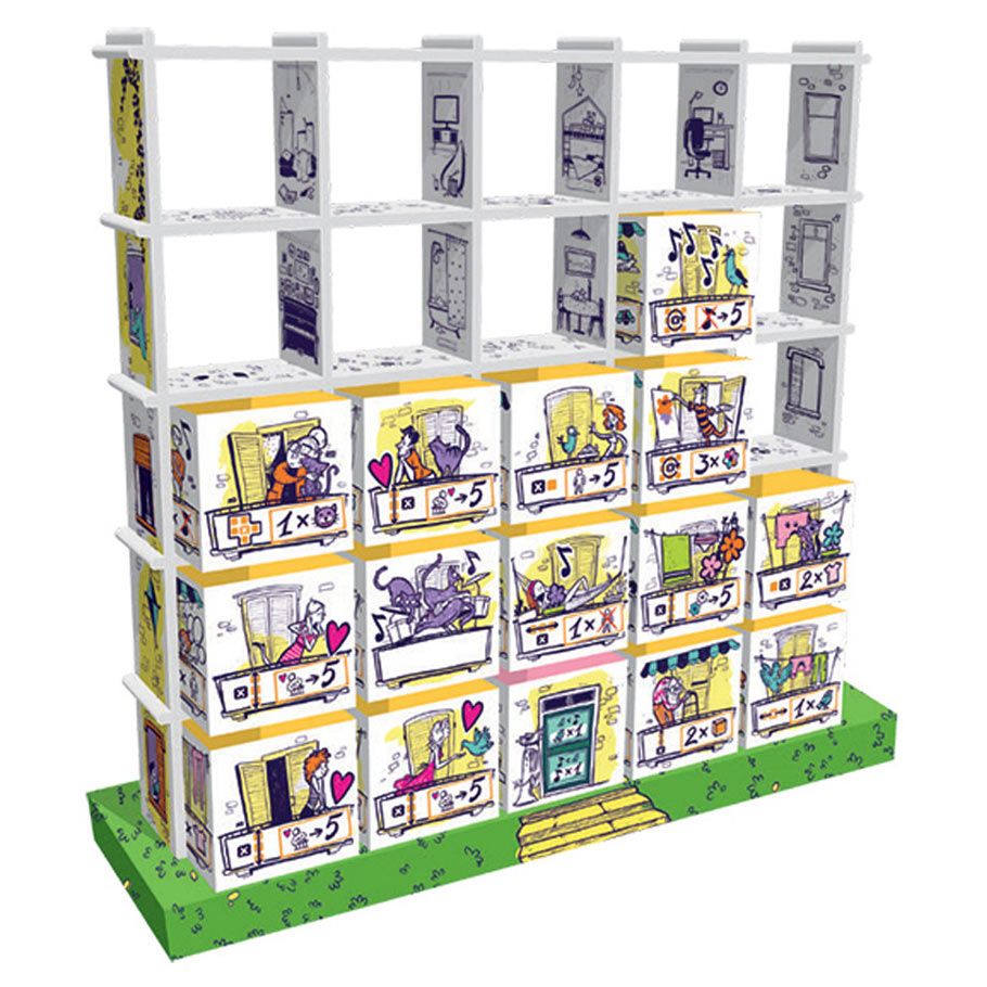 Balconia - Balconia board game with colorful cards featuring cartoon characters and symbols arranged in a white grid structure on a.
