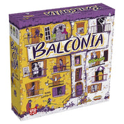 Balconia - Balconia board game box with whimsical yellow and purple apartment building illustration and playful characters on balconies.