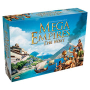 Mega Empires: The West - Rectangular board game box with colorful illustration of ancient explorers, ships, and a pyramid against a blue sky.