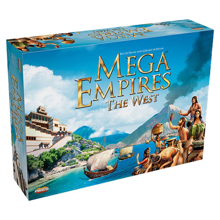 Mega Empires: The West - Rectangular board game box with colorful illustration of ancient explorers, ships, and a pyramid against a blue sky.